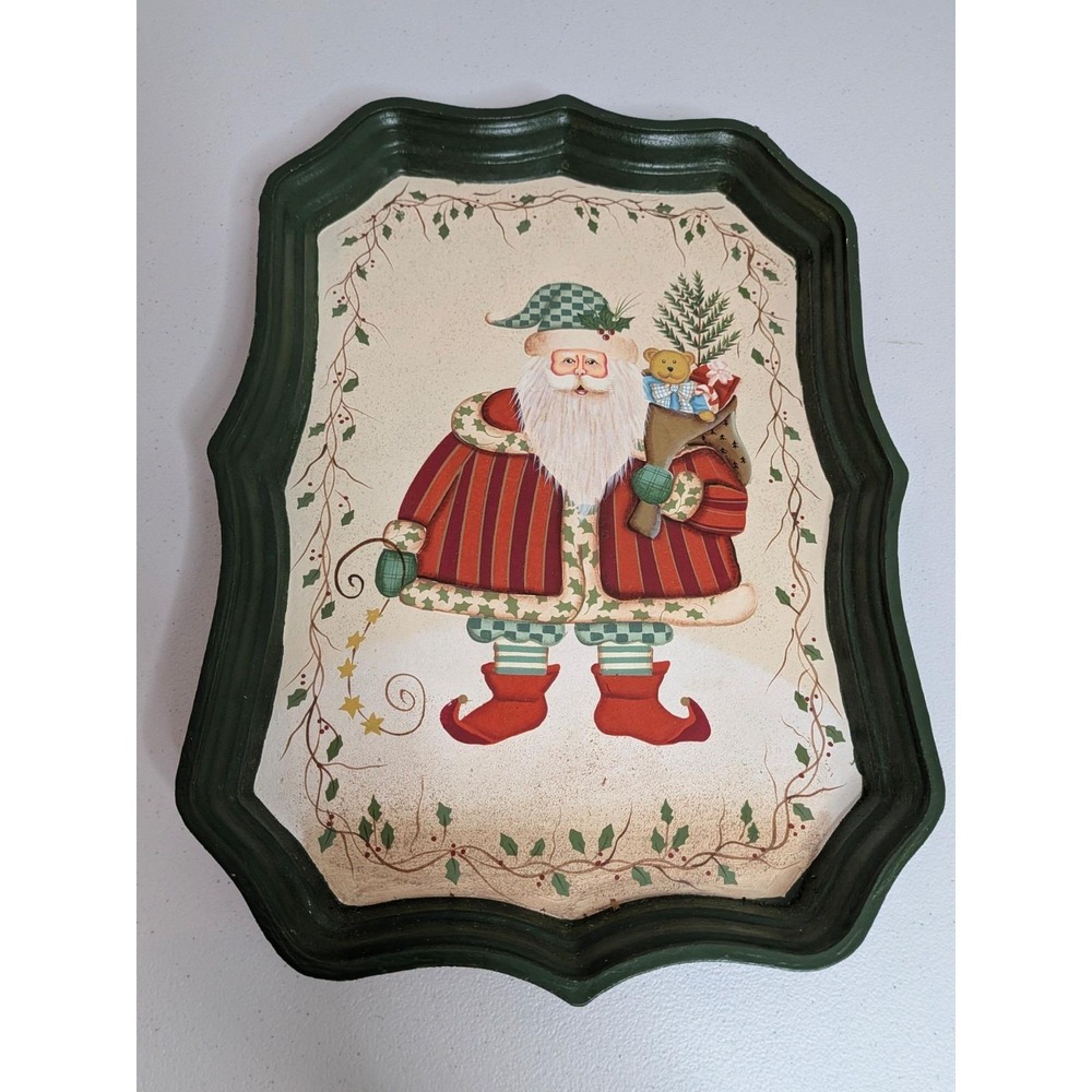 Vintage Hand Painted Santa Christmas Wooden Tray Primitive Folk Bundle Of Toys